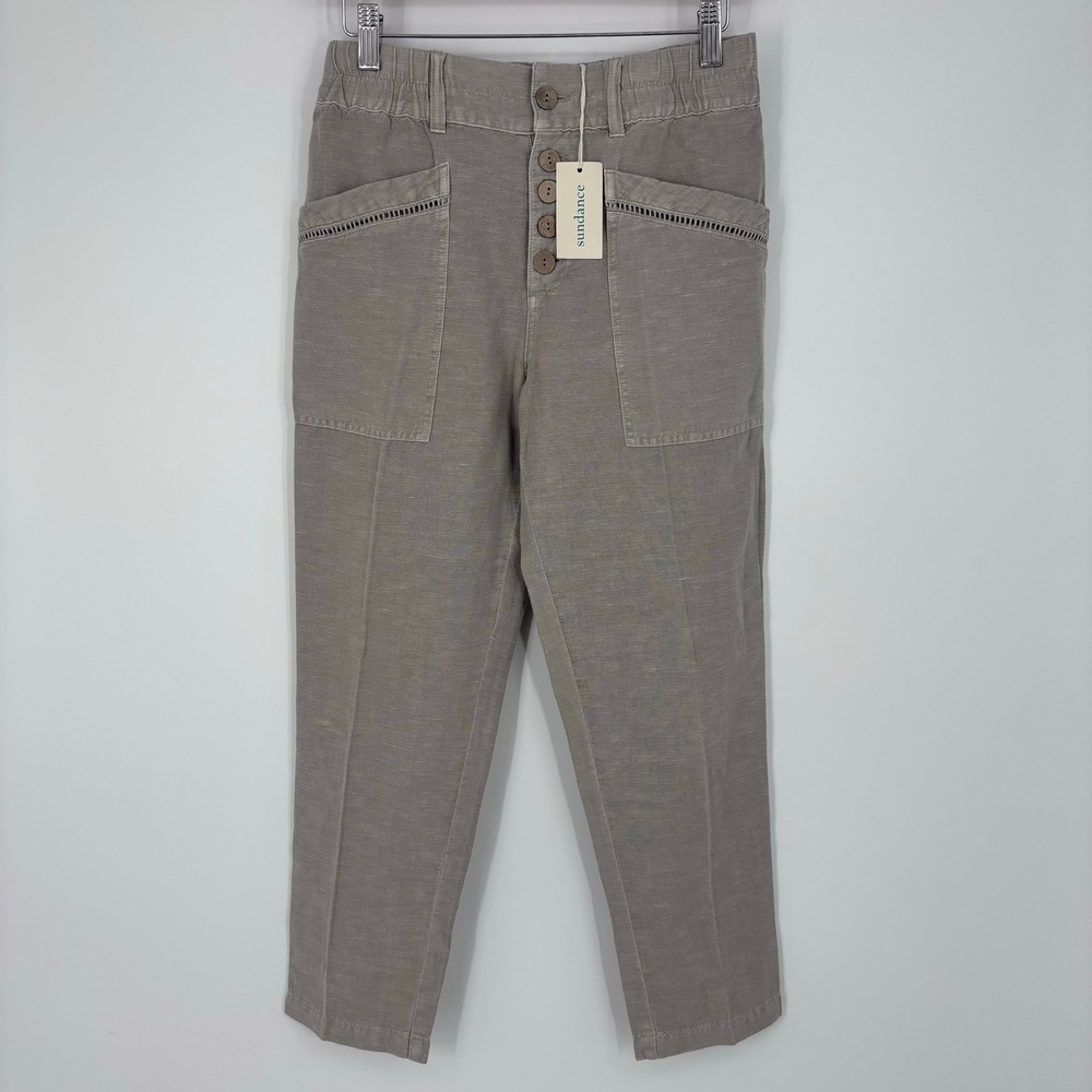 Sundance Linen Blend High Rise Button Fly Utility Crop Pants Womens 2 Taupe Gray